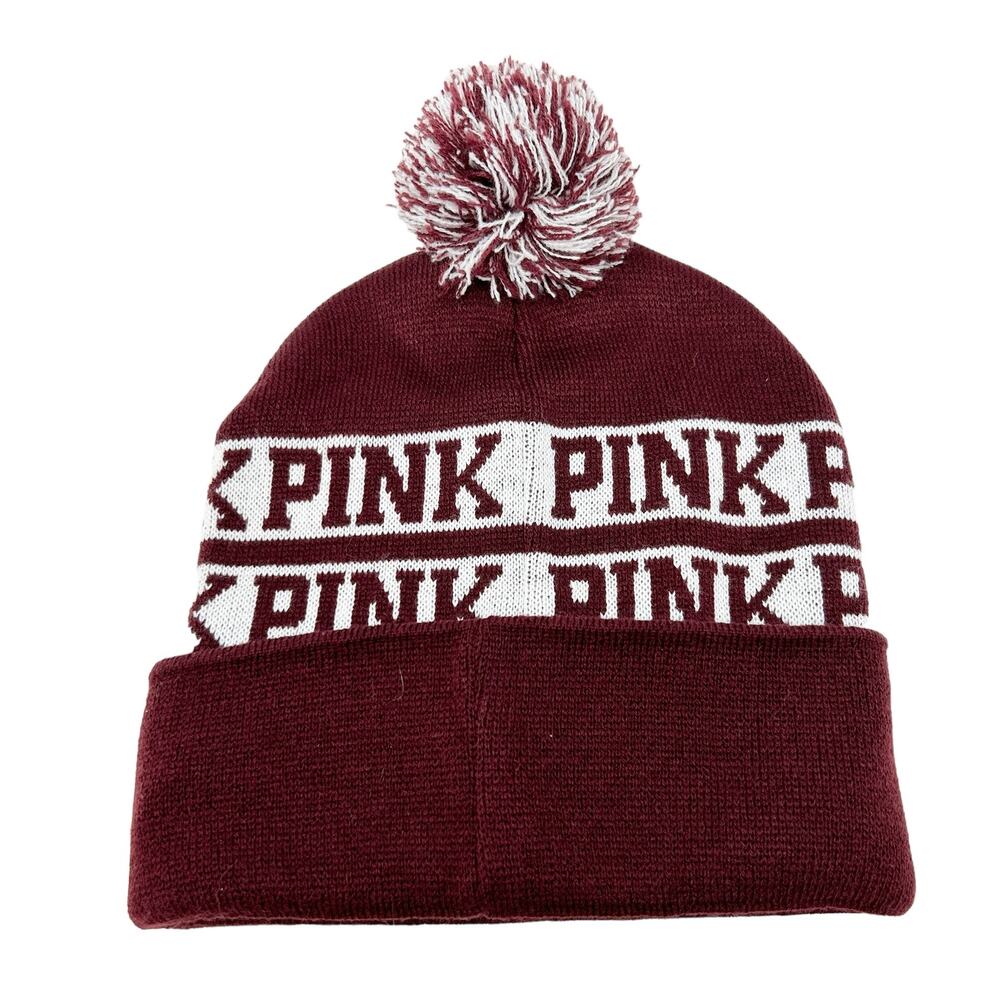 Victoria's‎ Secret Womens PINK Pom Pom Knitted Beanie Winter Cap Hat Burgundy